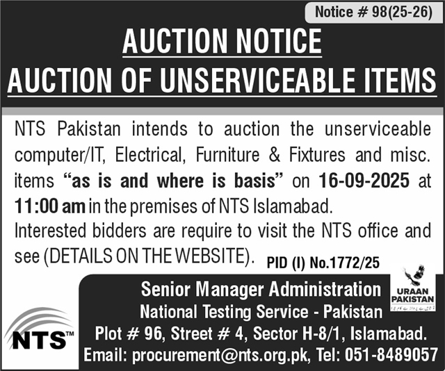 NTS Pakistan Tender Notice